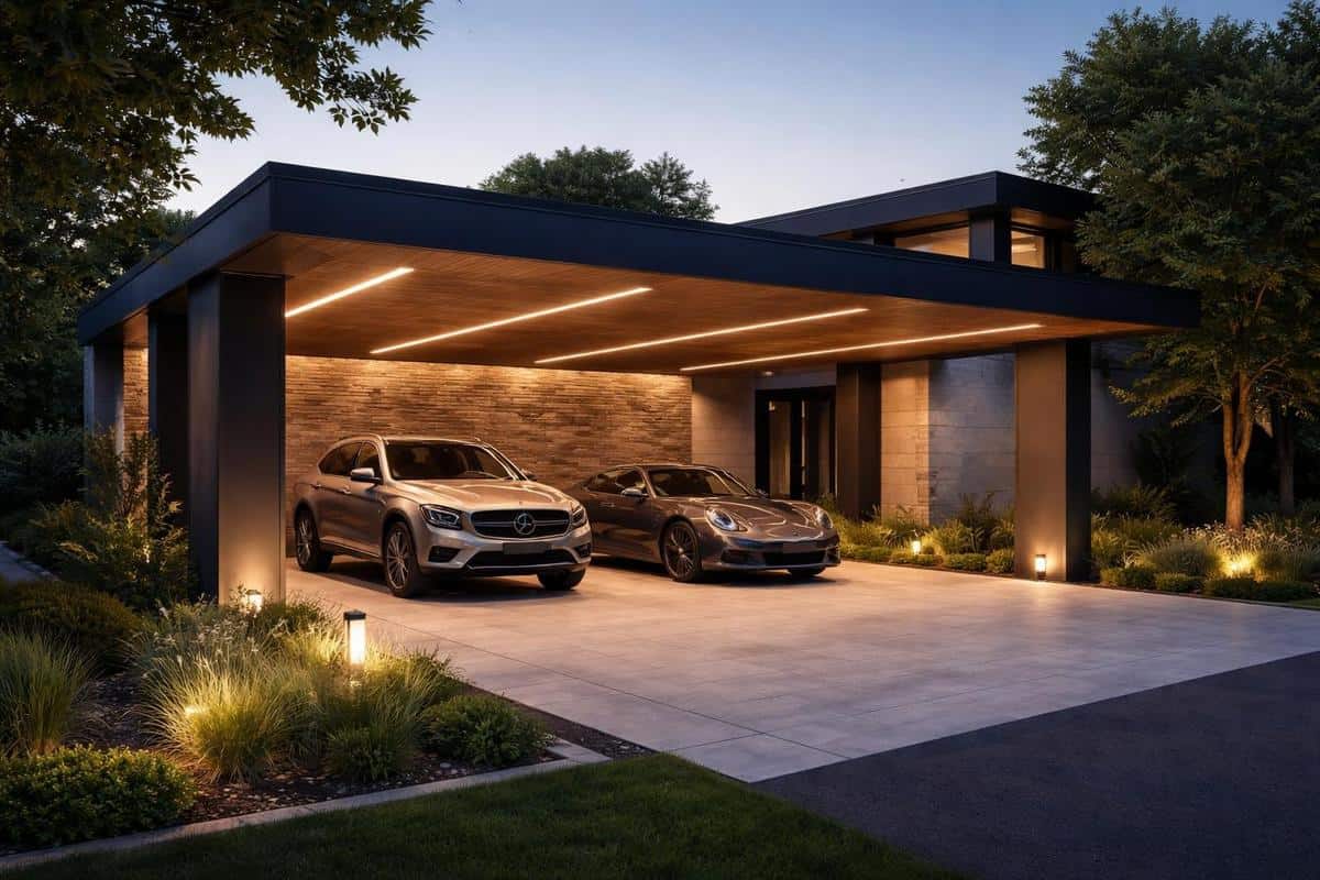 éclairage encastré abri stationnement design entrée maison parking architecture signature