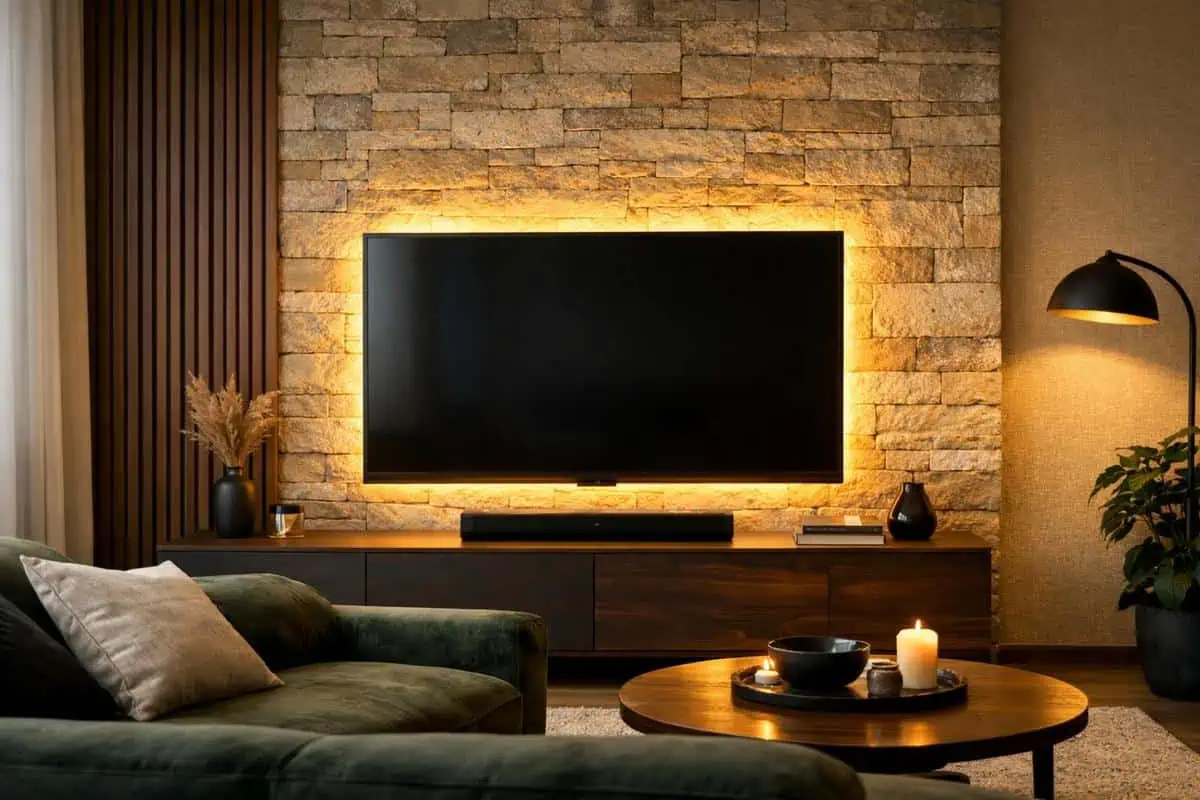 Éclairage LED blanc chaud derriere meuble TV pour ambiance cinema et decoration sensorielle salon avec rangements modulables
