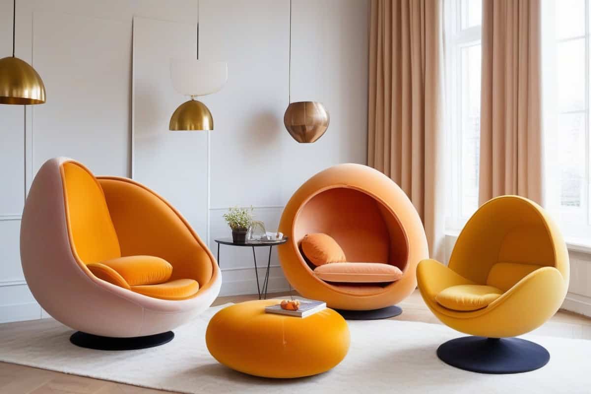 egg chair fauteuil boule en velours pour salon contemporain vintage cocooning, idée déco cosy et enveloppante