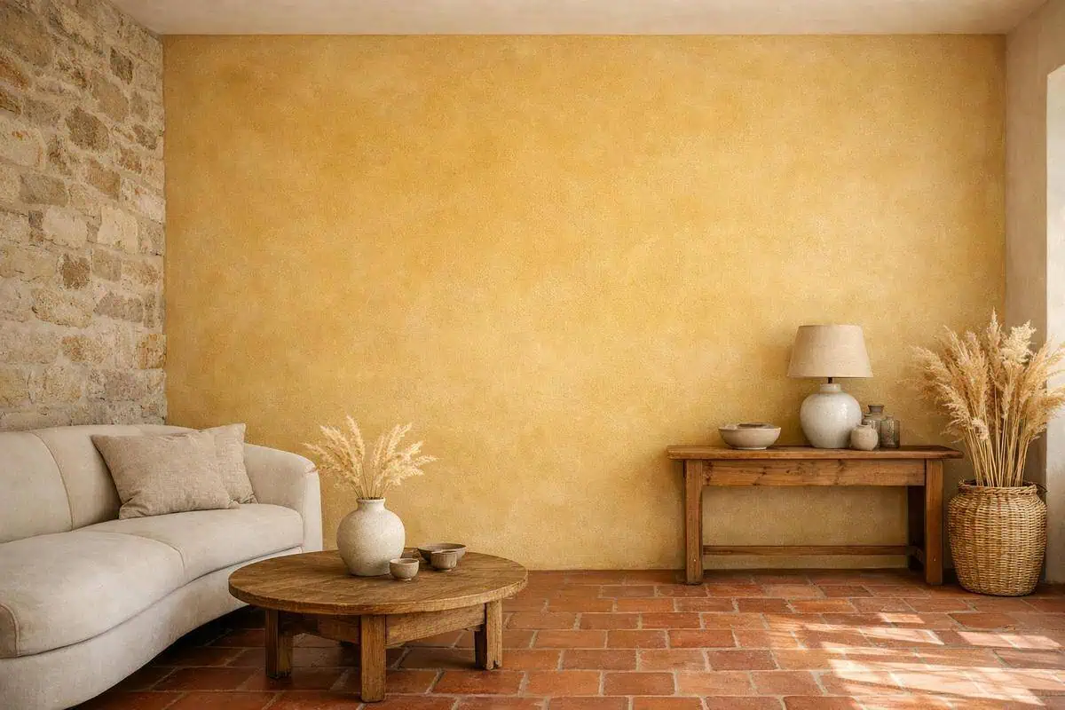 Enduit à la chaux teinte sable pour mur beige accompagnant tomette rouge, palettes de couleurs salon