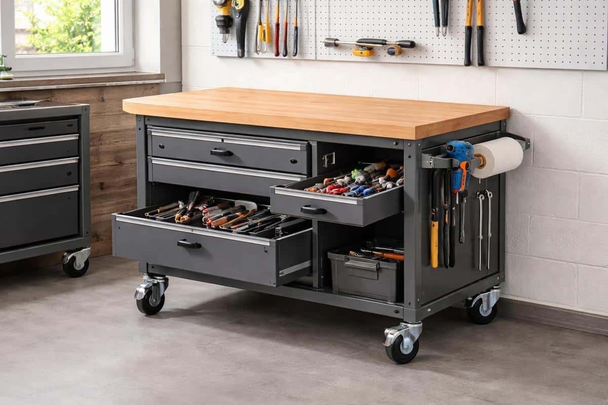 établi mobile sur roulettes avec frein en hêtre massif 40 mm, tiroirs intégrés outils, plateau 120x60 cm pour atelier garage