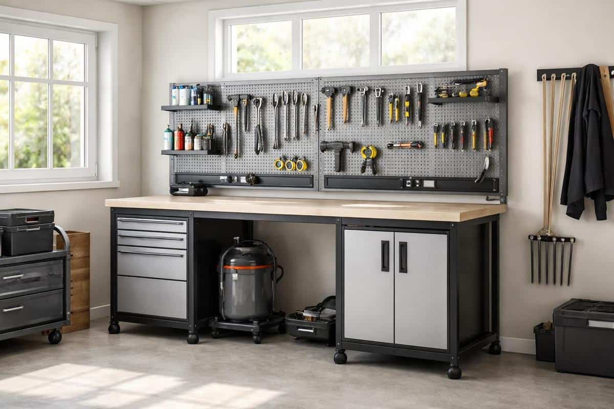 établi modulaire acier avec panneau perforé rangement outils aménagement atelier garage Gladiator Rousseau