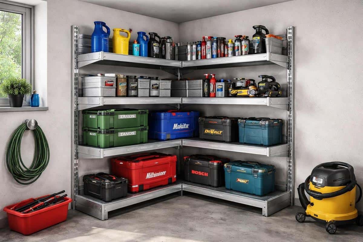 étagère murale d'angle en acier galvanisé pour garage, rangement outils lourds, système modulaire Bott ou Rousseau