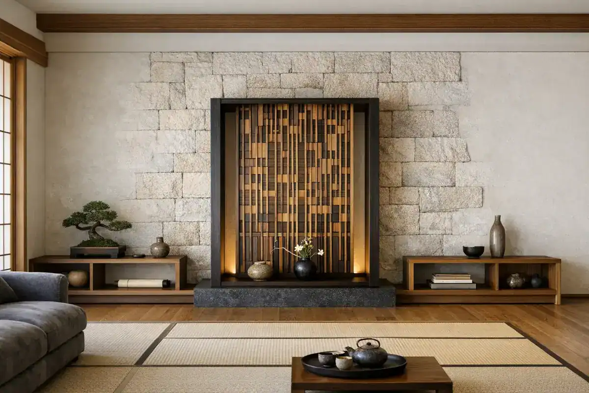 étagère niches ouvertes module bas rangement minimaliste inspiré tokonoma déco salon japonais