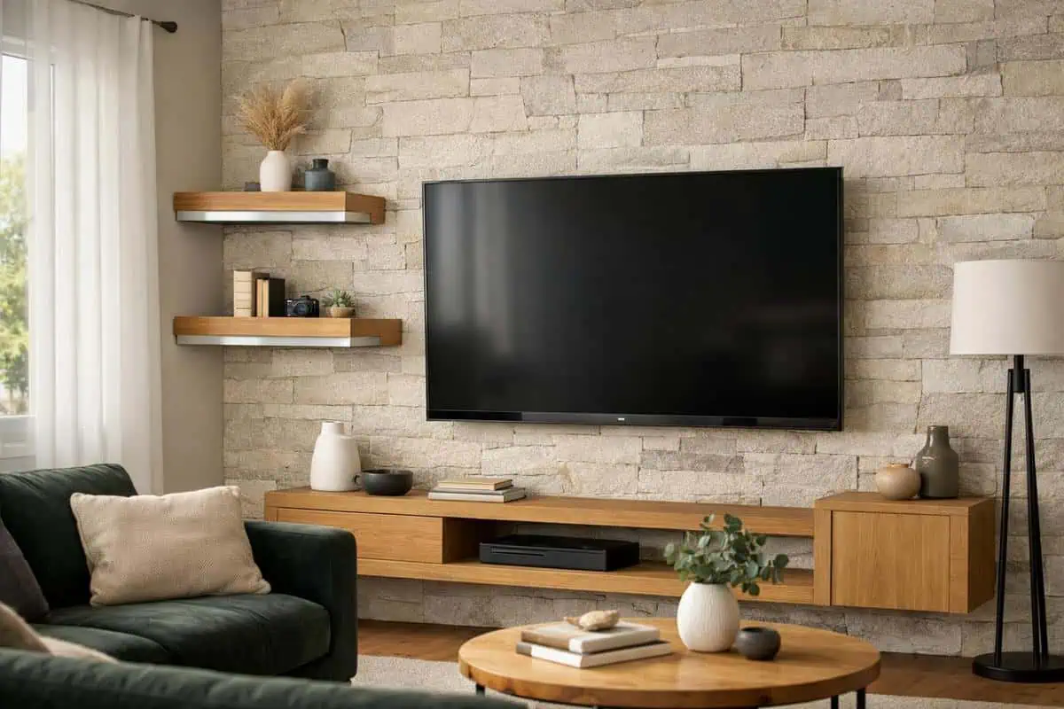 Étagères flottantes en chêne massif avec cache-câbles en aluminium brossé pour aménagement mur TV salon modulable et fonctionnel