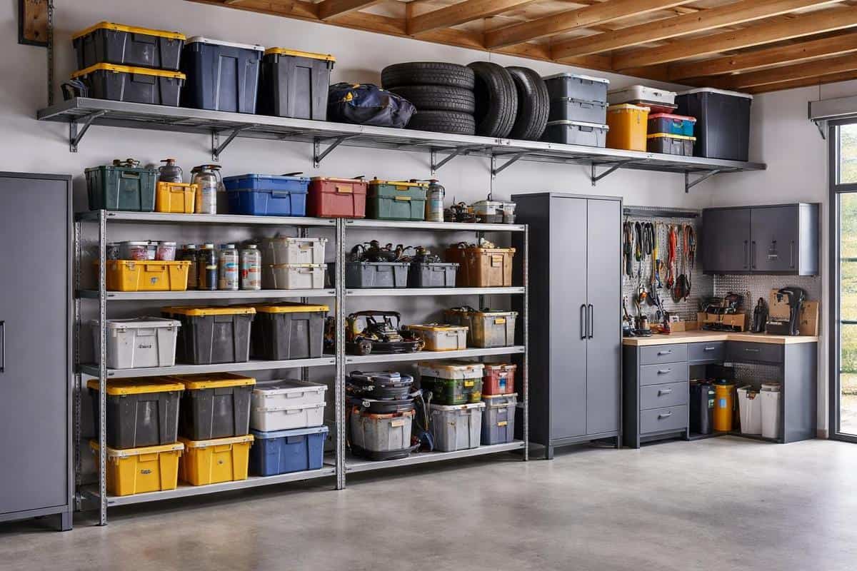 étagères métalliques à tablettes réglables Schulte Elfa stockage en hauteur garage optimisation surface