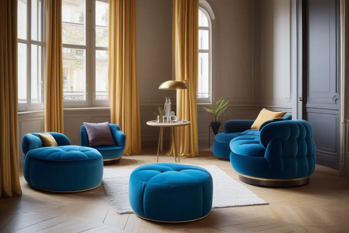 fauteuil barrel chair en velours matelassé dossier enveloppant pour salon cocooning cosy formes arrondies style seventies