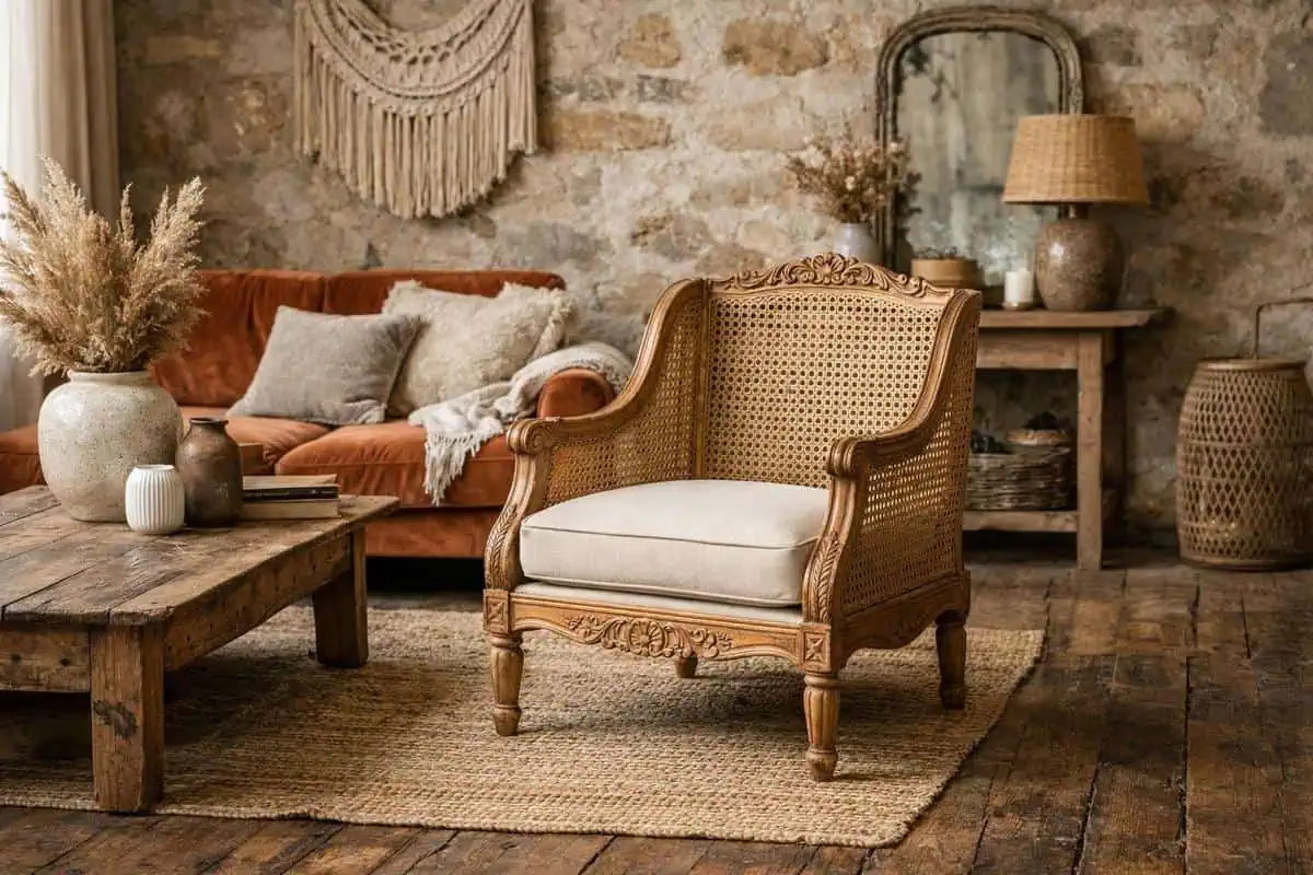 fauteuil cannage bois hetre assise dossier tresse main style boheme vintage parquet ancien
