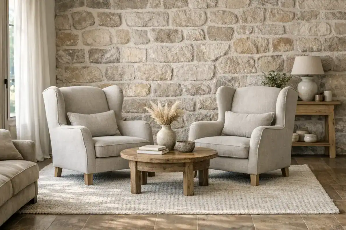 fauteuil à oreilles en lin lavé grège pour idée déco salon beige chic et naturel tendance 2026