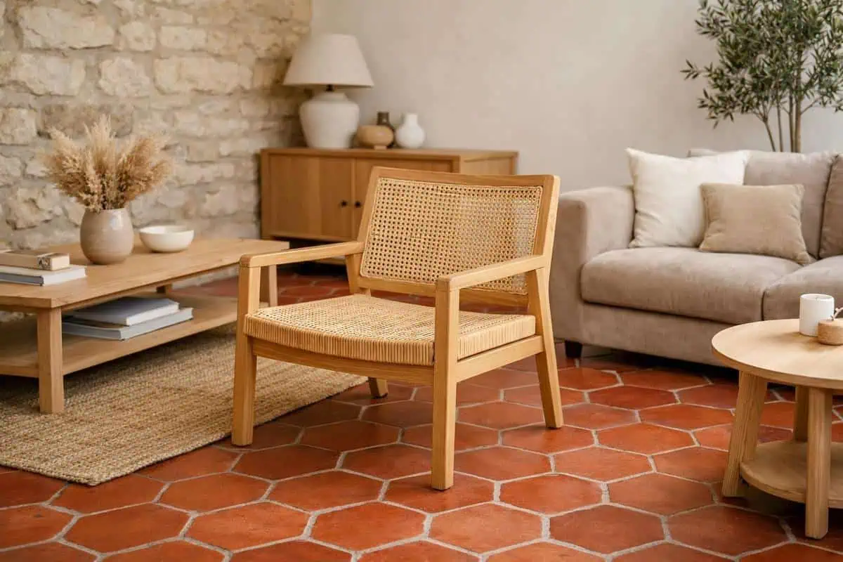 Fauteuil en rotin tressé avec cannage naturel et structure bois clair chêne pour salon tomette rouge, style rustique convivial