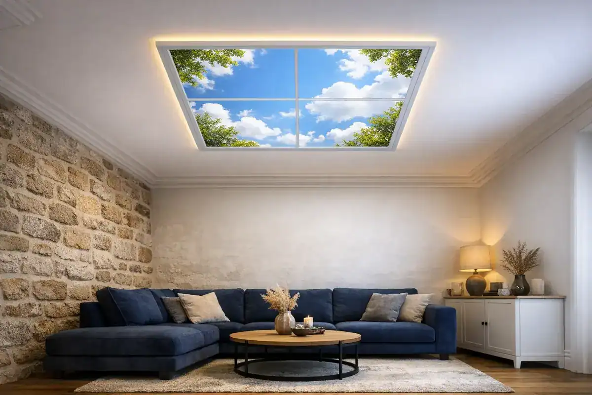 faux puits de lumière LED sky panel encastré dans faux plafond de salon sans velux effet lucarne naturelle Coelux Mirodemi