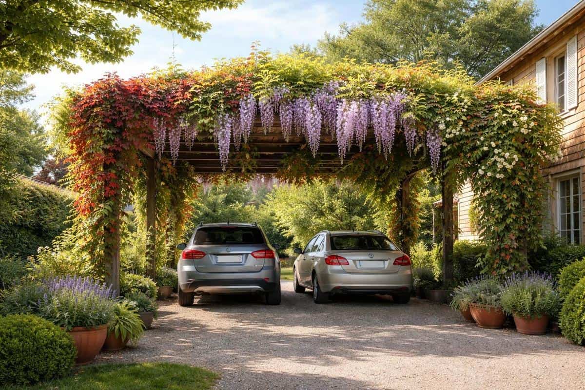 glycine vigne vierge plantes grimpantes pergola parking ombre naturelle aménagement maison