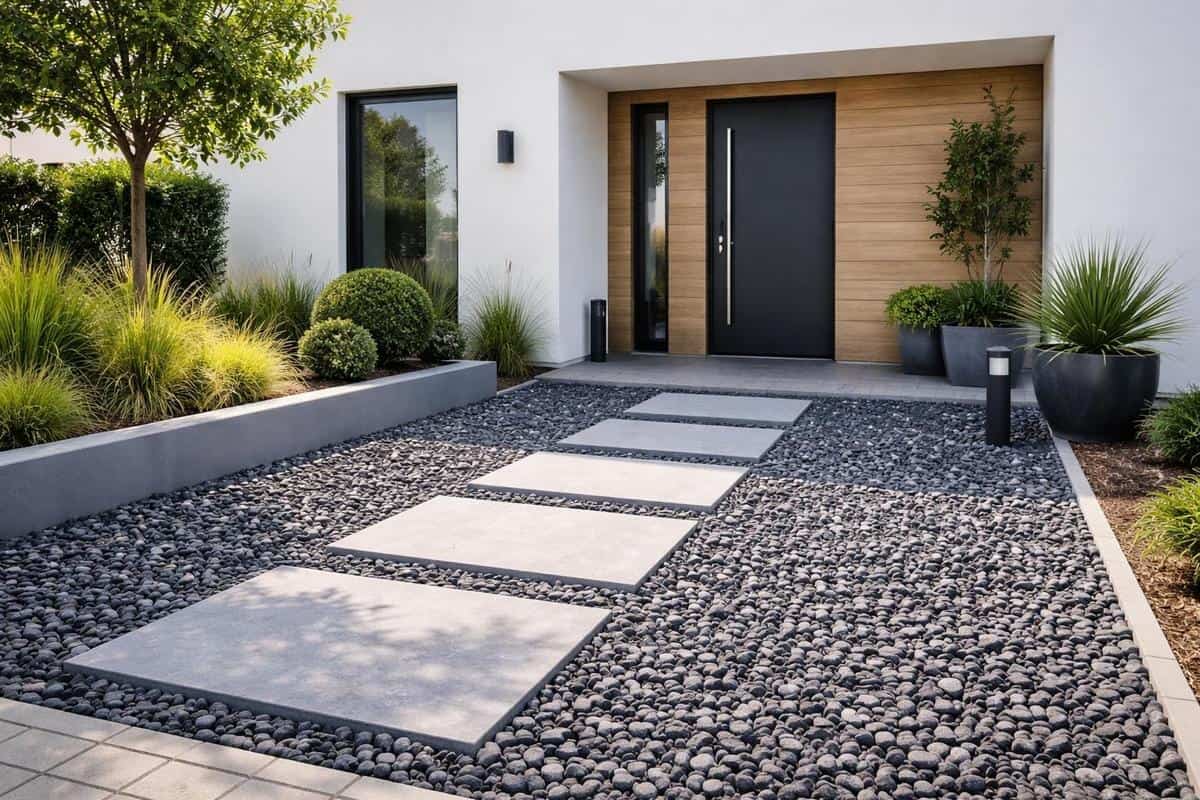 gravier décoratif parking maison façade contemporaine galet anthracite aménagement extérieur
