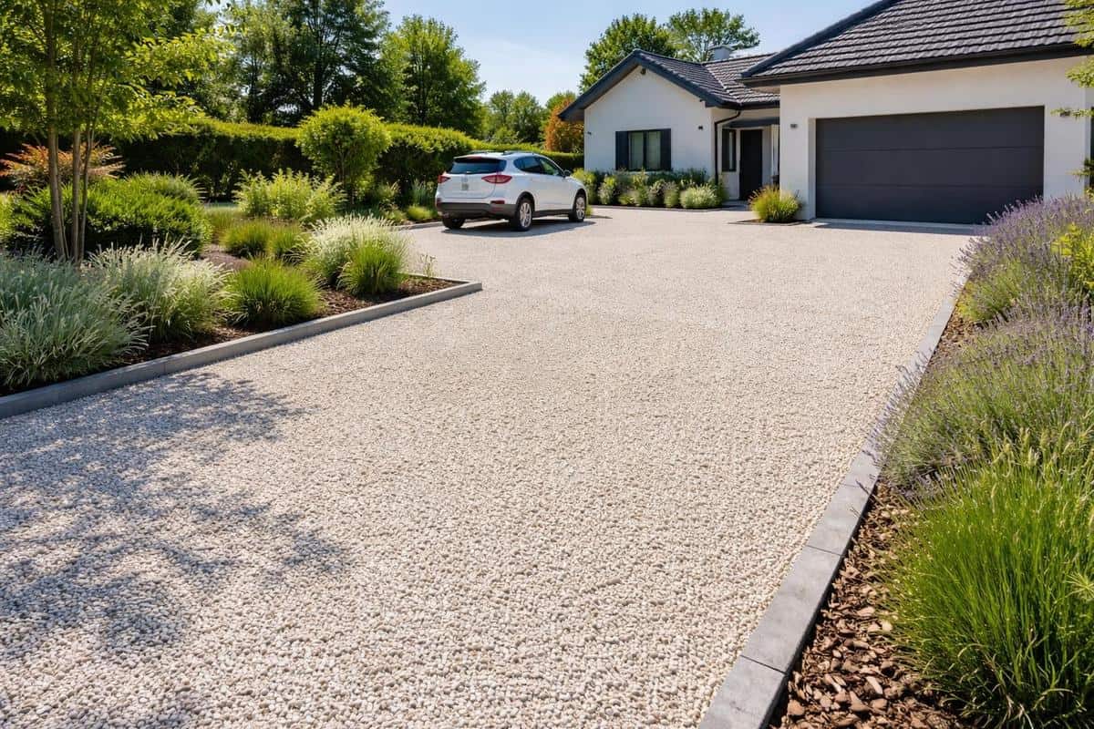 gravier stabilisé géotextile parking maison surface perméable carrossable effet albédo aménagement extérieur