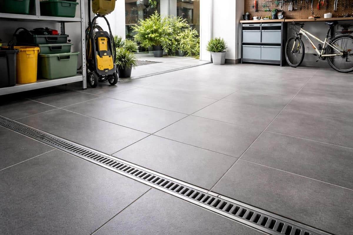 carrelage grès cérame 60x60 finition mate structurée avec drainage intégré pour sol de garage facile à entretenir
