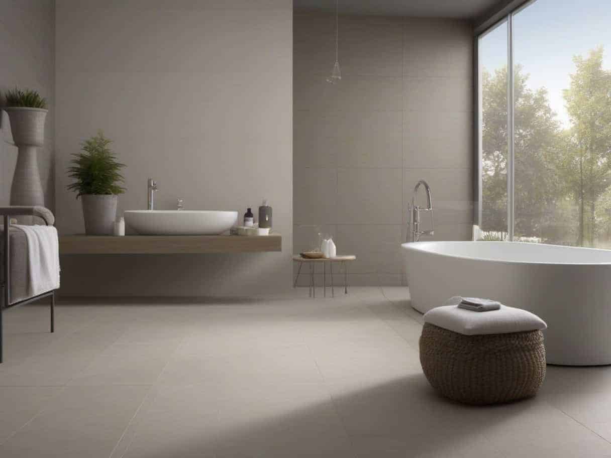 Carrelage grès cérame antidérapant R11 effet pierre naturelle Porcelanosa autour d'un spa intérieur avec membrane d'étanchéité Mapei Mapelastic sous carrelage