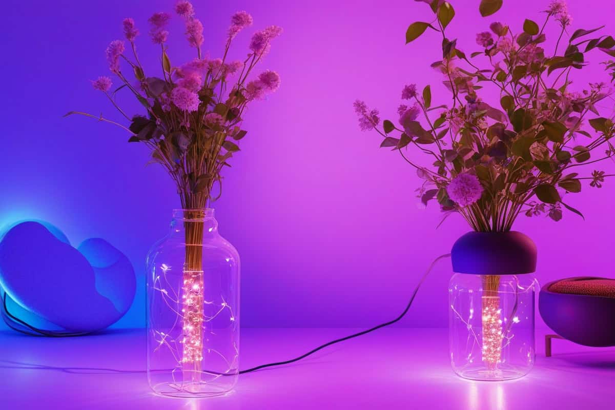 Guirlande micro-LED sur fil de cuivre dans vase en verre ou sur étagère bois clair, atmosphère feutrée salon cocooning moderne