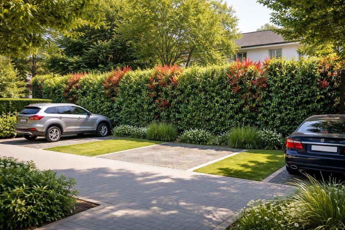 haie végétalisée persistante laurier palme photinia parking résidentiel intimité écran visuel aménagement maison