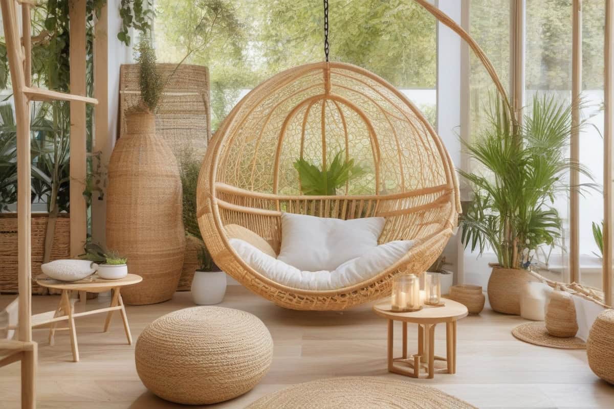 Jeux d'ombre et lumière filtrée par lampe en fibres naturelles tressées, effet dentelle lumineuse salon cosy