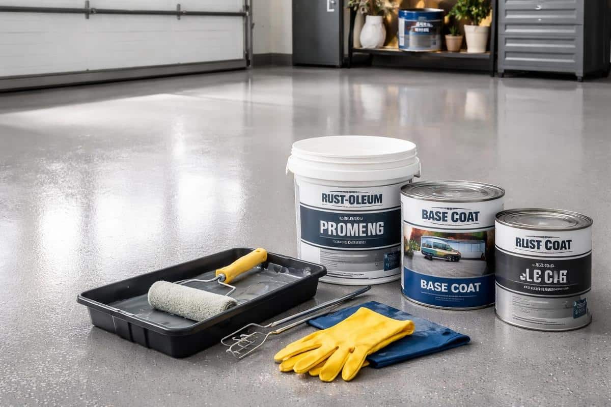 kit peinture sol garage polyuréthane Rust-Oleum anti-poussière béton avec primaire et vernis de finition