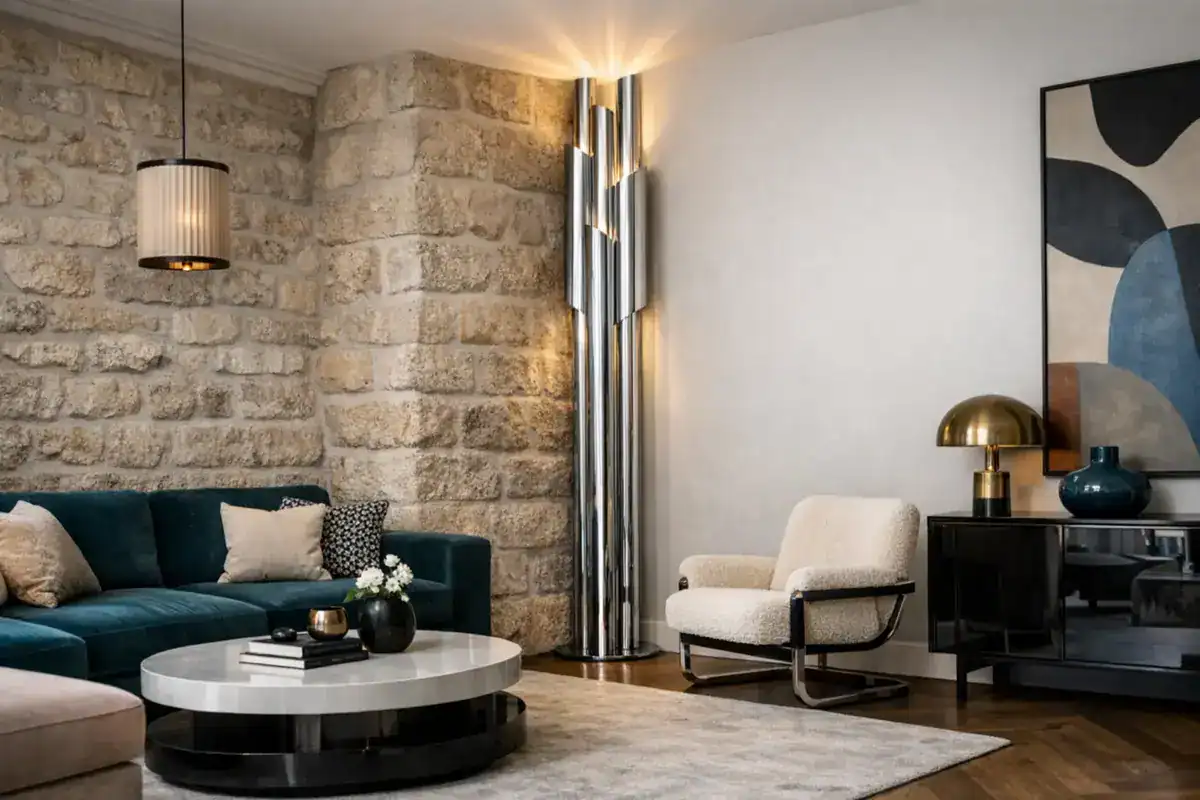 Lampadaire d'angle chrome brossé style futuriste pour salon maximaliste décoration 2026 Flos Maison Sarah Lavoine