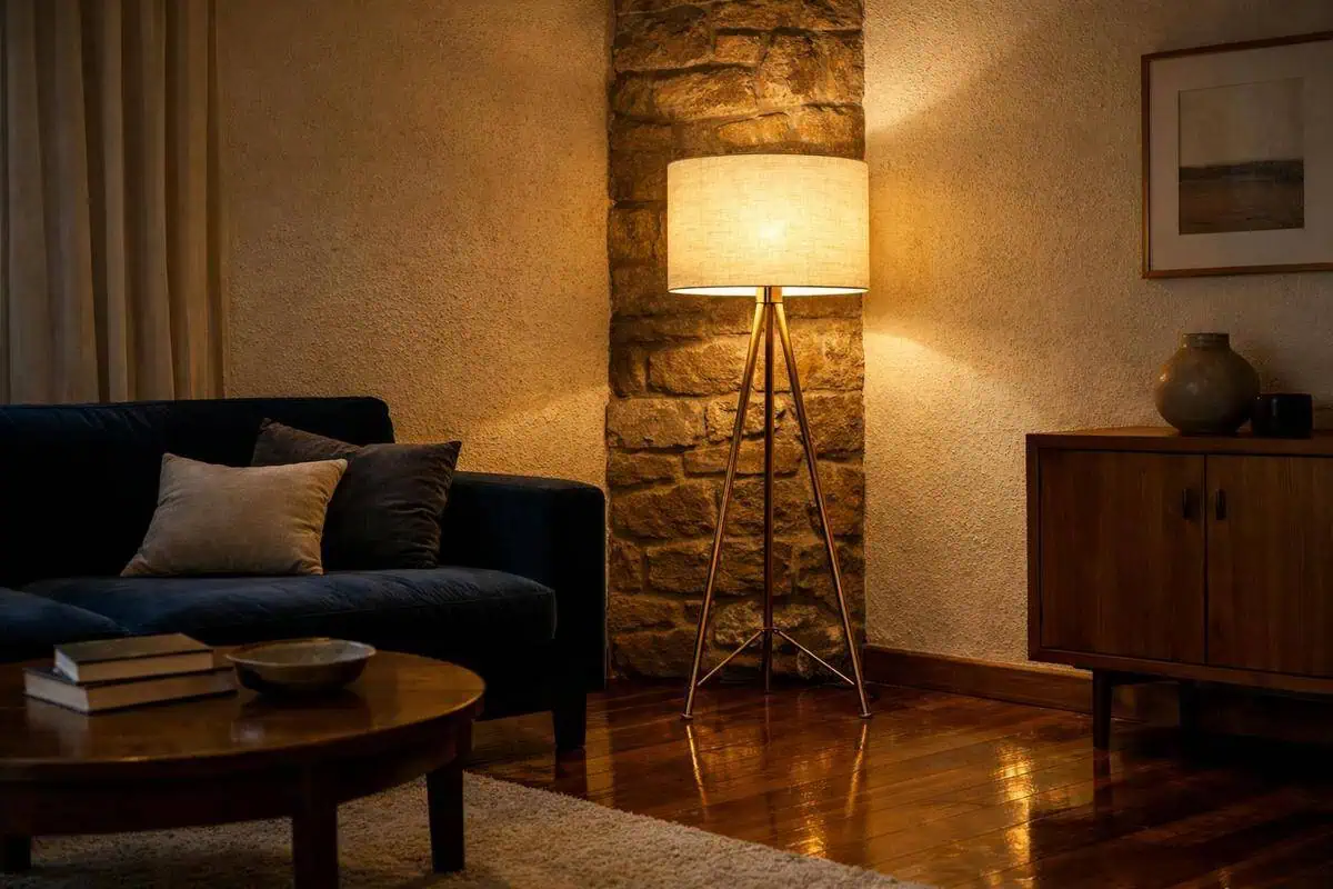 lampadaire papier coton texture tige laiton brosse tripode style nordique parquet antique