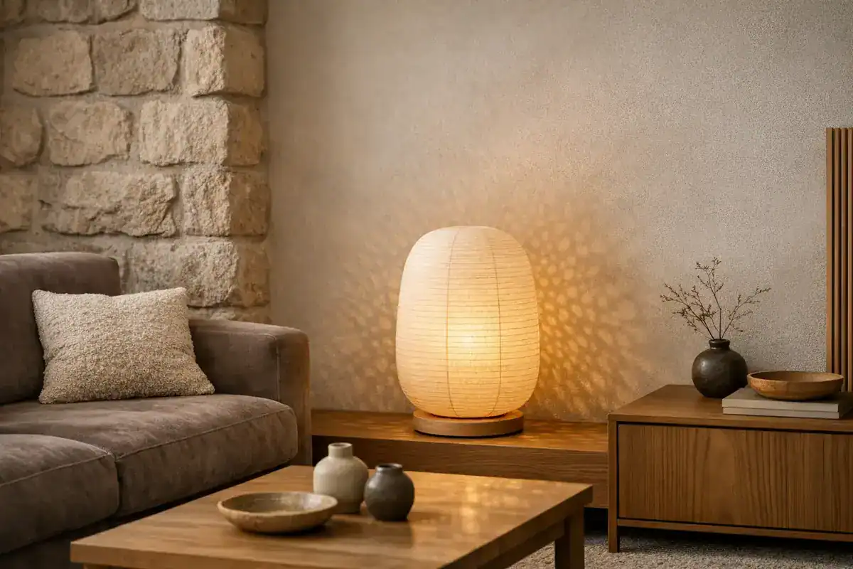 lampadaire en papier washi bambou tressé style japandi pour salon beige ambiance feutrée Muuto Fleux