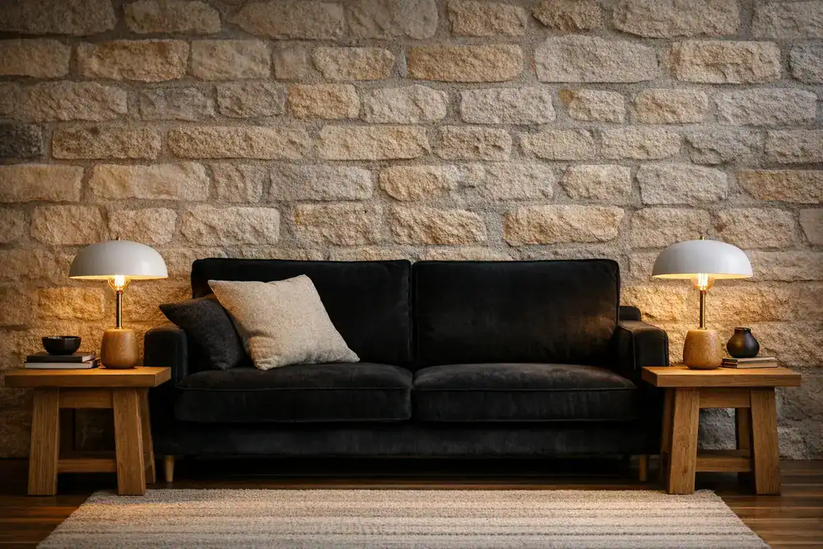 lampe d'appoint table console bois naturel chêne massif salon canapé noir cuir velours éclairage chaleureux 2700K