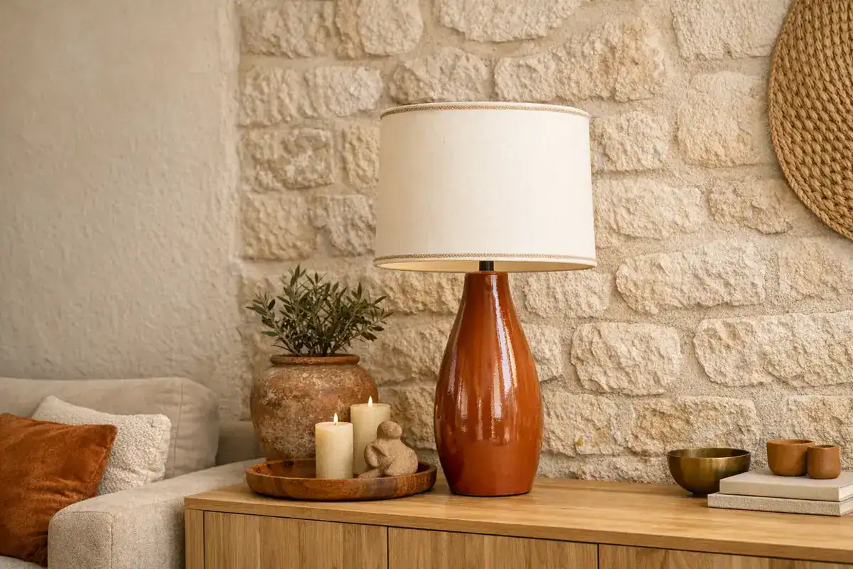 lampe de table en céramique émaillée terracotta avec abat-jour écru dans un salon beige et bois clair, idée déco terre cuite