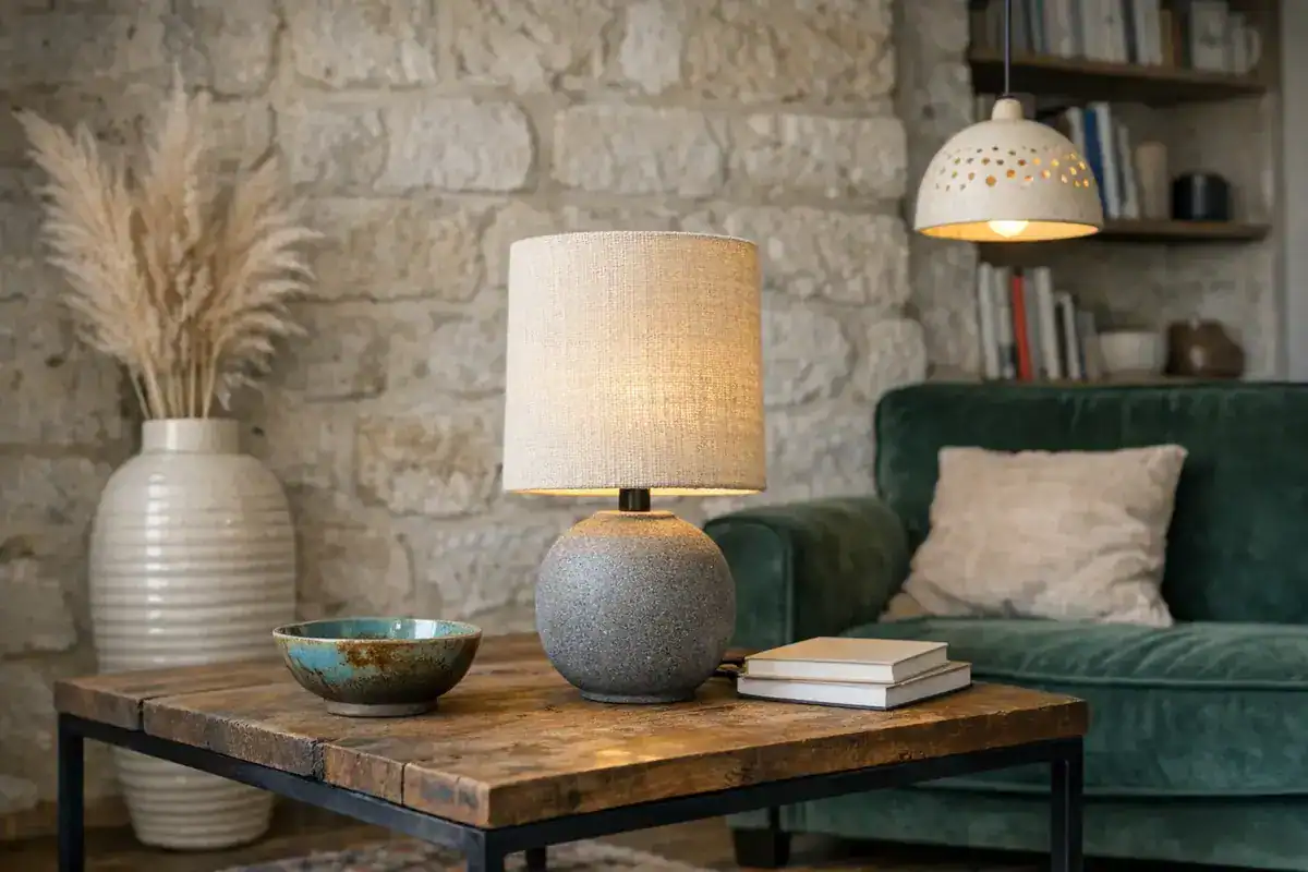 lampe à poser en grès texturé abat-jour lin naturel céramique artisanale décoration salon 2026