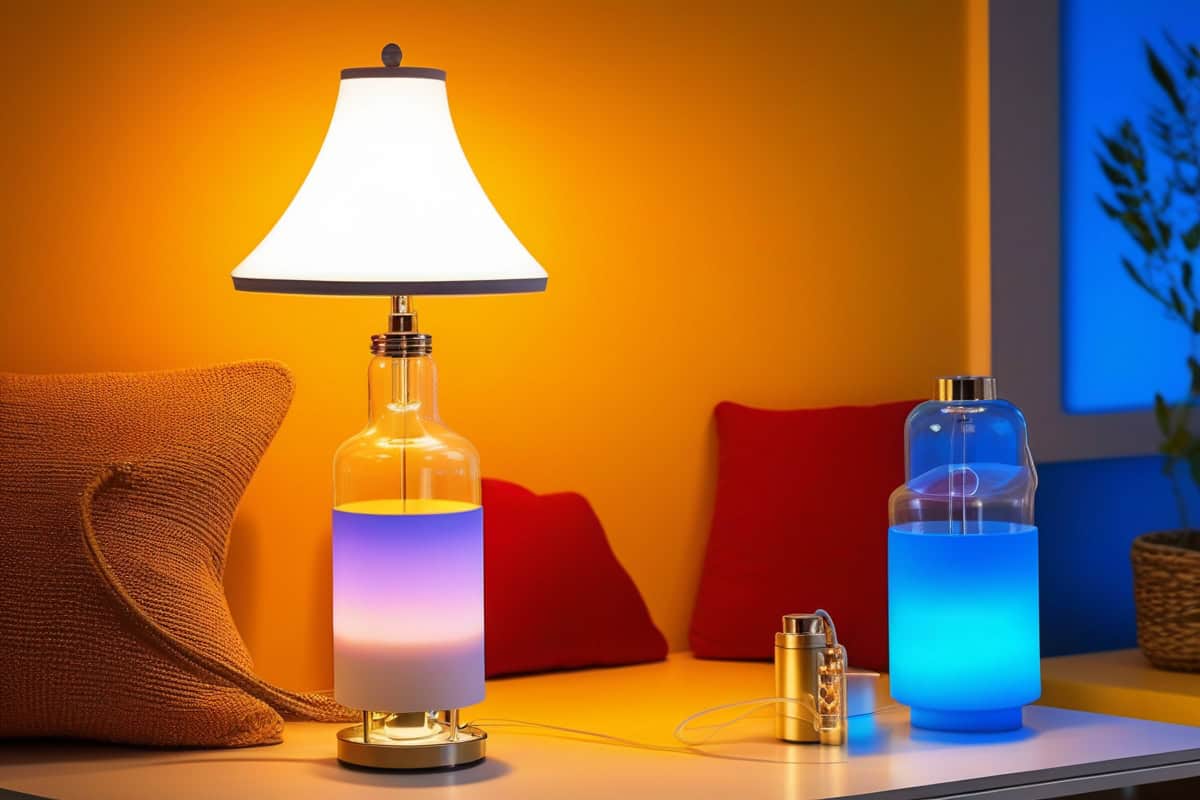 Lampe de sol avec variateur tactile derrière canapé bas salon cocooning, lumière indirecte chaleur organique