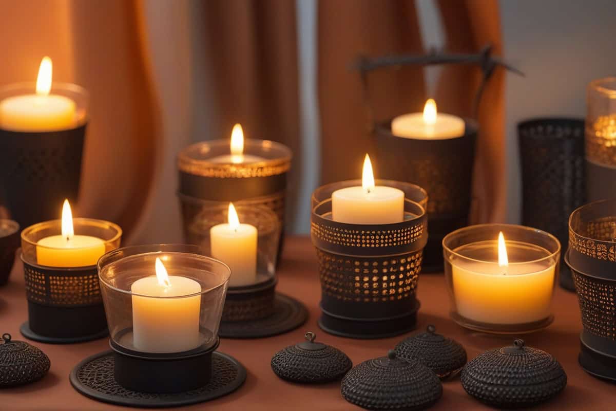 Lanterne en métal martelé doré ou noir mat House Doctor ou Madam Stoltz, décoration salon cocooning tons terracotta bordeaux