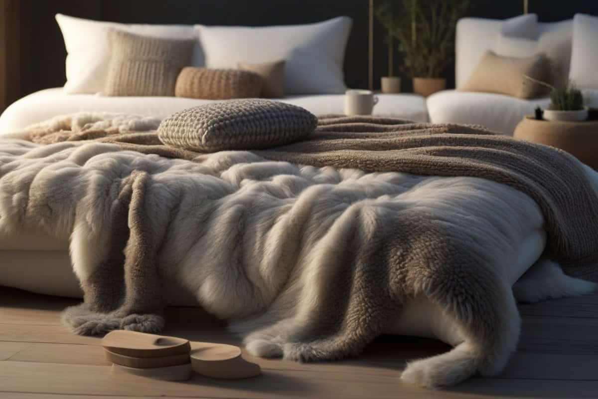 layering de textures tapis à poils longs plaid tissé coussins en lin froissé salon cocooning