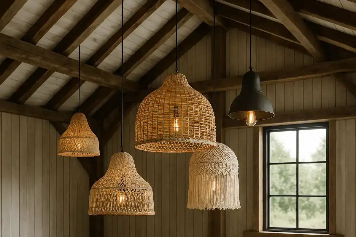 Luminaires suspendus XXL rotin et macramé pour décoration grange rustique moderne et aménagement grande hauteur sous plafond