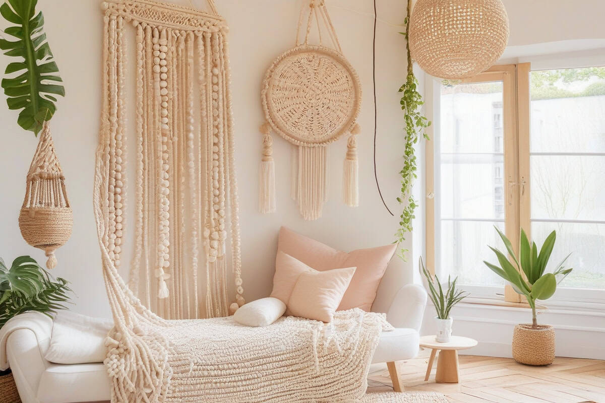 macramé perles bois pierres semi-précieuses suspension murale salon cocooning artisanal