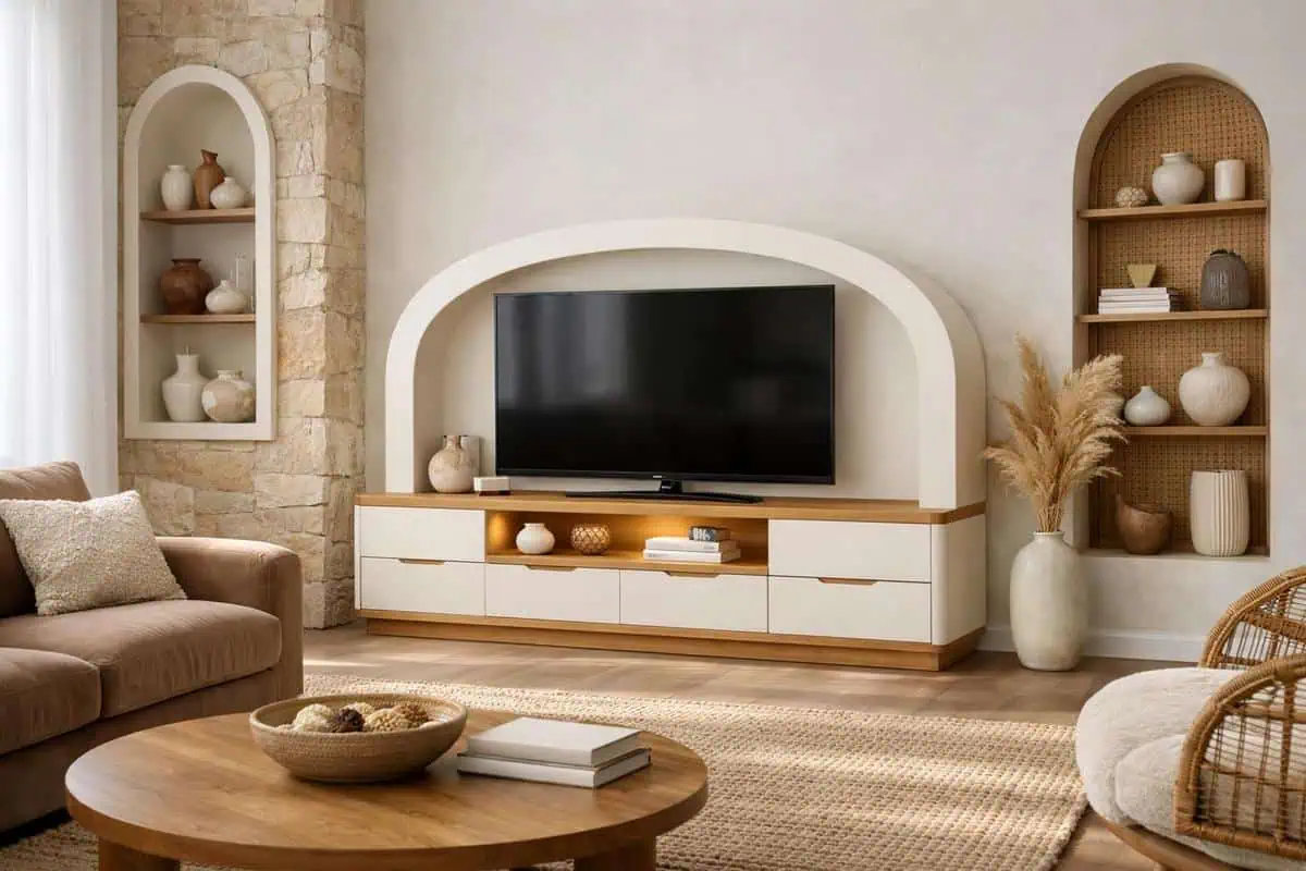 Meuble TV arche en MDF blanc cassé avec niches rangements ludiques et decoration sensorielle pour salon design