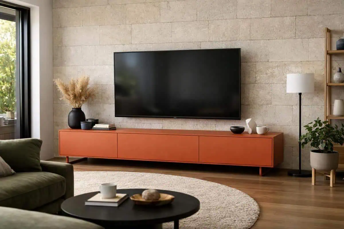 meuble TV laqué mat vert sauge terracotta bleu canard push to open minimaliste design