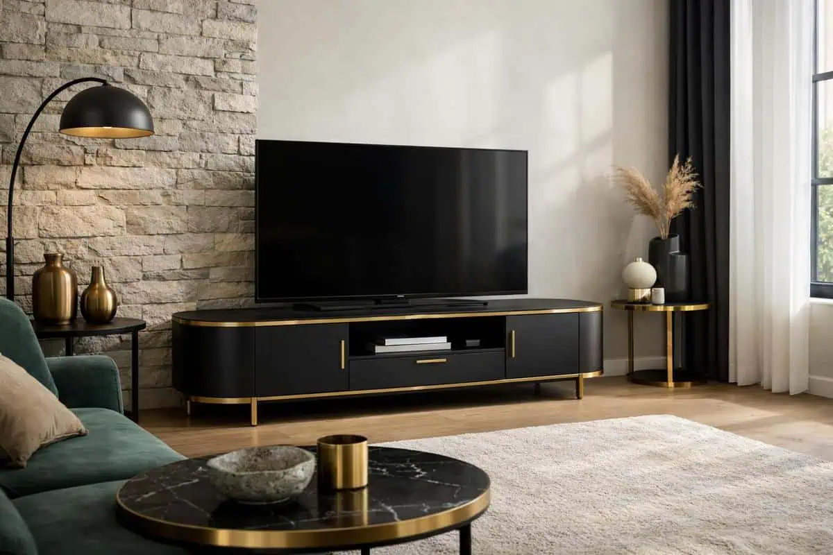 meuble TV angles arrondis noir mat laiton brossé formes organiques ambiance archi ludique