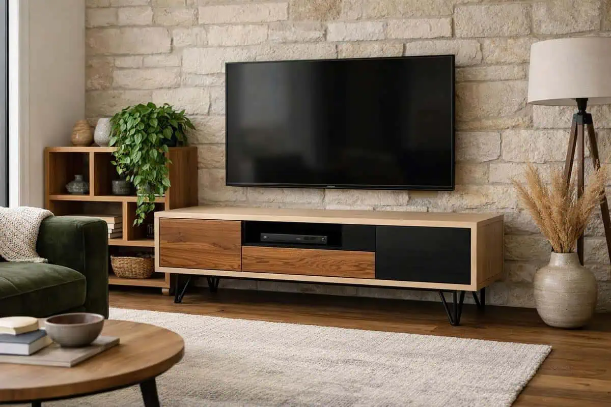 meuble TV bas noyer massif huilé pieds métal noir mat style contemporain chaleureux