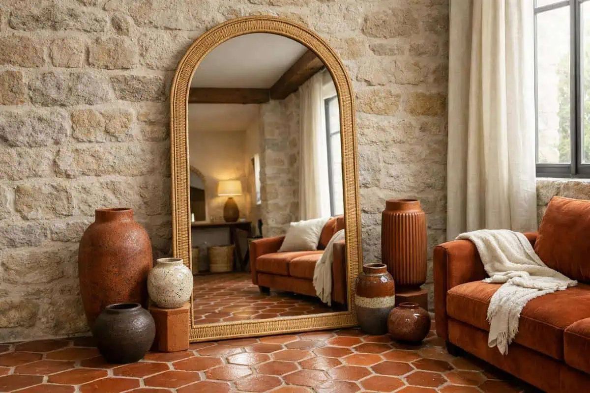 Miroir biseaute cadre rotin avec vases ceramiques grès et poterie pour salon tomettes rouges