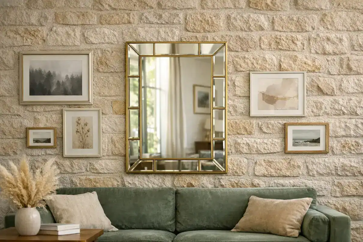 miroir biseauté en laiton brossé pour idée déco salon beige sable naturellement lumineux