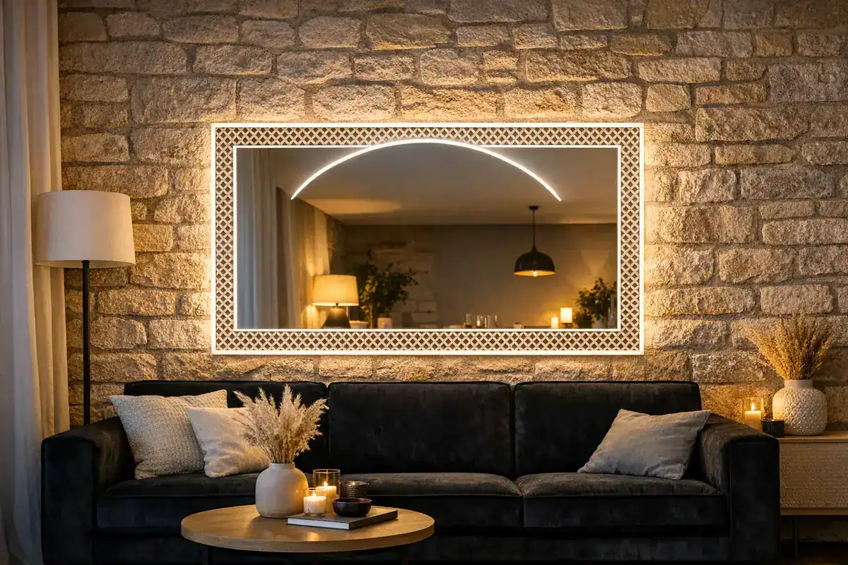 Miroir à LED rétroéclairé motif blanc découpe laser refléter la lumière salon canapé noir tendance 2025