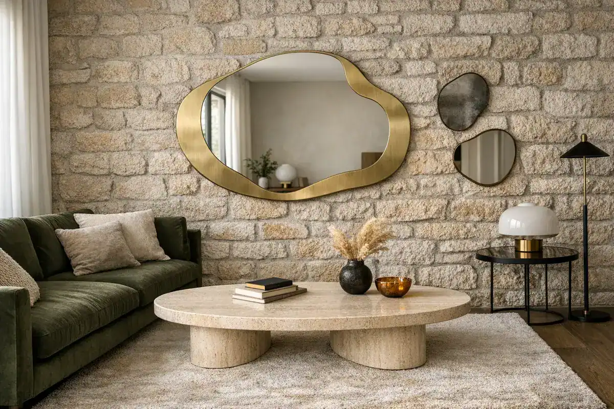 miroir organique asymétrique laiton brossé et table basse ovale travertin décoration salon rétro chic 2026