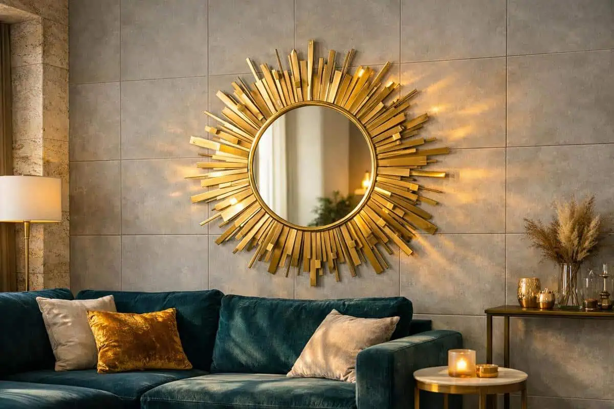 miroir soleil en laiton brossé rayons asymétriques touches dorées accessoires salon carrelage gris clair