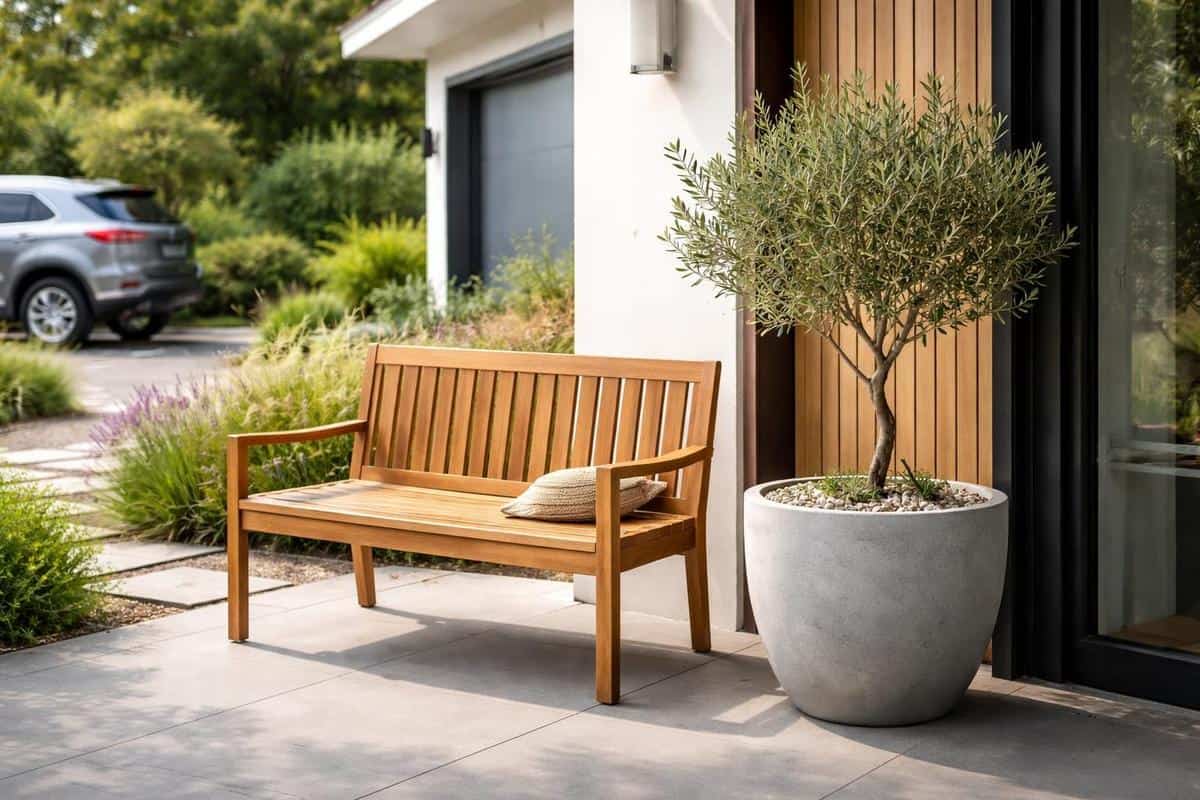 mobilier extérieur banc teck pot béton fibré olivier nain entrée parking maison transition jardin