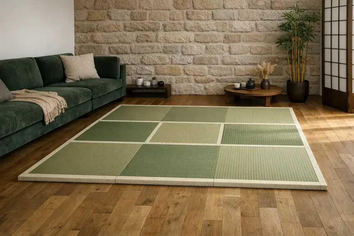 modules tatami en paille de riz igusa assemblés en zone salon japonais avec galon bordure ivoire