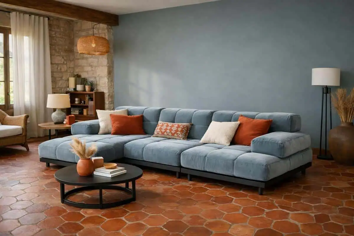 Mur bleu gris Farrow & Ball Mizzle contrastant avec tomette rouge, couleurs complémentaires salon