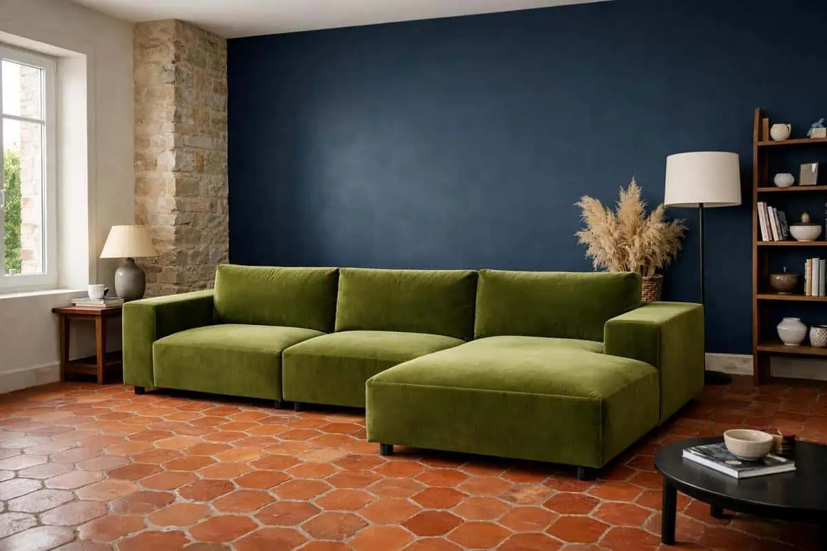 Mur bleu nuit pan unique Hague Blue Farrow & Ball avec tomette rouge, palette contemporaine salon