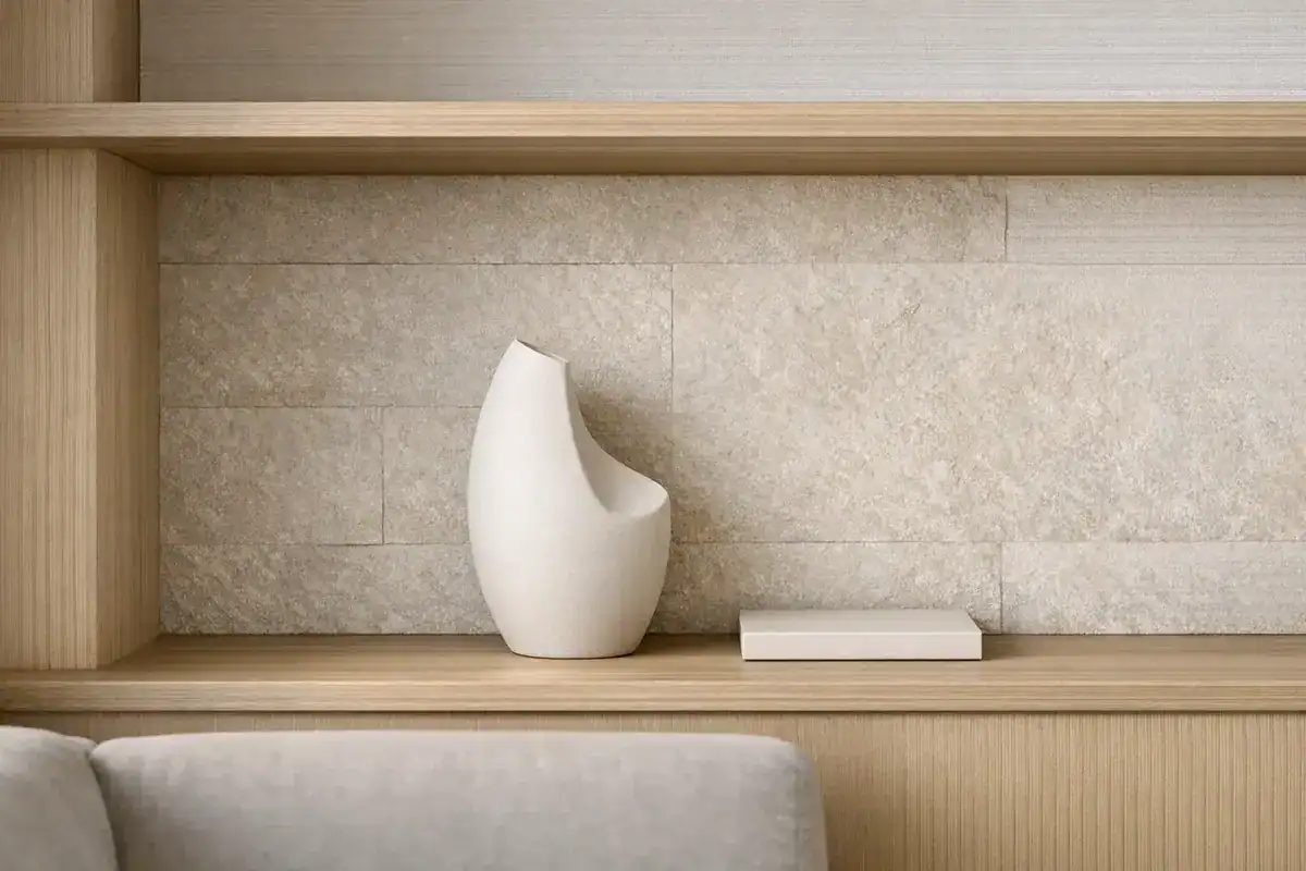 niche ouverte avec poterie et objet unique vide décoratif esprit minimaliste déco salon japonais
