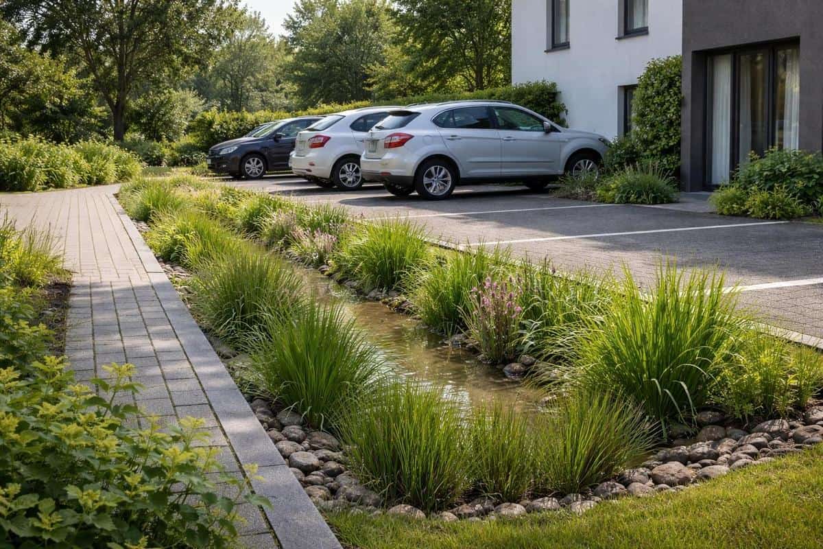 noue paysagère végétalisée pied de parking maison gestion eaux pluviales dénivelé aménagement extérieur